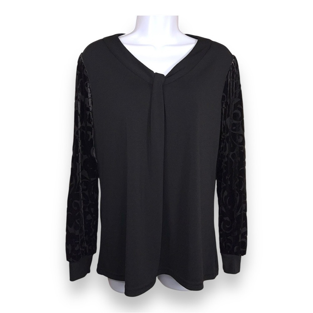 SMALL KIM GRAVEL VELOUR FLORAL LONG SLEEVE BLACK BLOUSE STRETCH